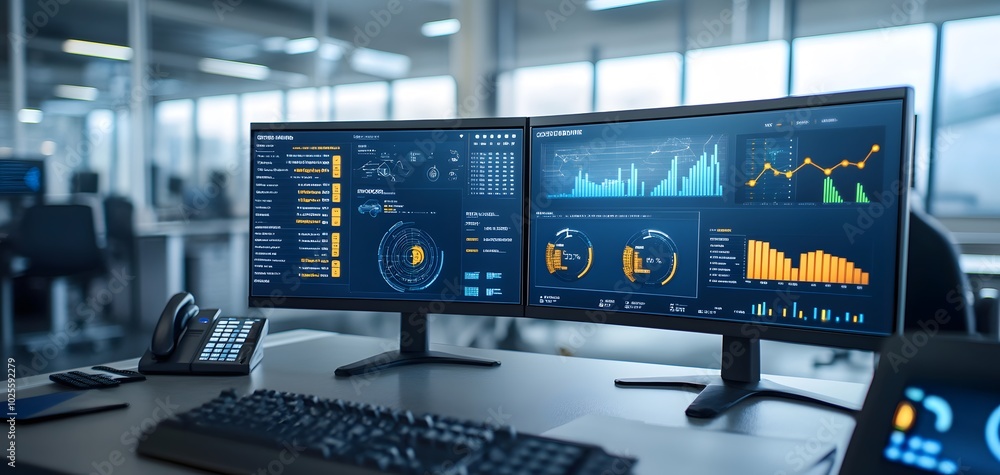 Poster a modern workspace featuring dual monitors displaying data analytics and graphs in a bright office e