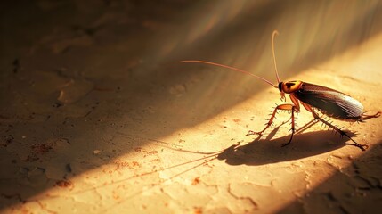 A Cockroach Stands in a Sunbeam on a Textured Surface