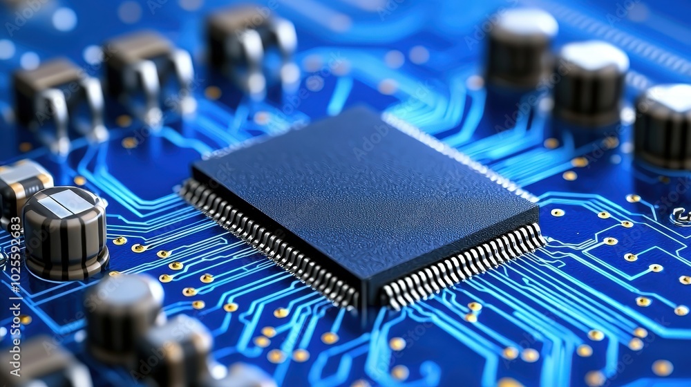 Poster close up of microchip on blue circuit board technology and electronics background
