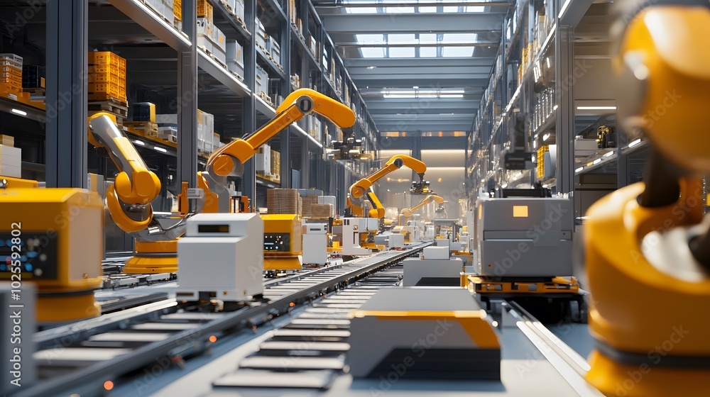 Poster a modern warehouse featuring robotic arms and automated systems efficiently managing inventory and l