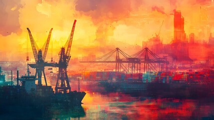 Obraz premium Vibrant sunset over a bustling harbor featuring cranes and ships, capturing the essence of industrial activity and serene beauty.