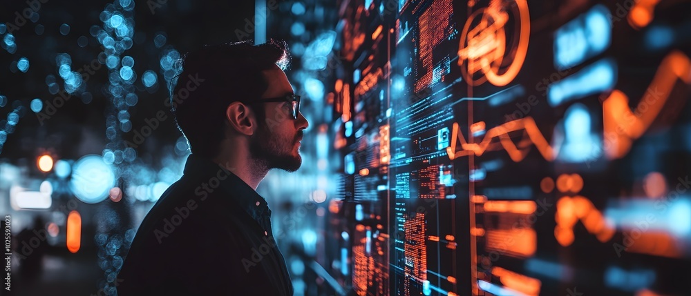 Poster a man interacting with a futuristic data display, showcasing glowing graphs and digital information 