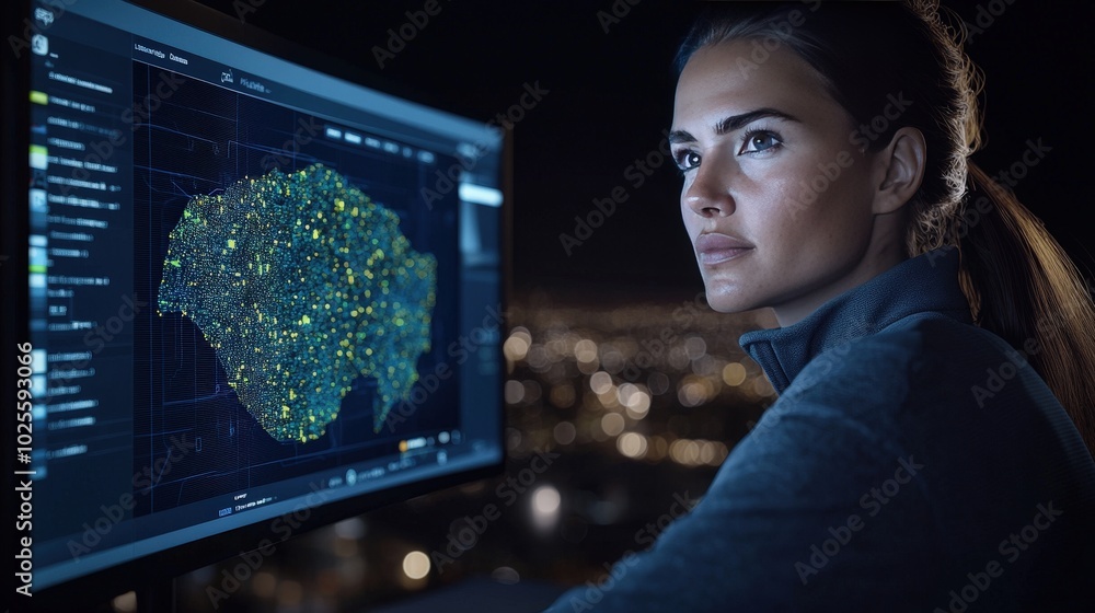 Aufkleber woman analyst studying data map on computer screen