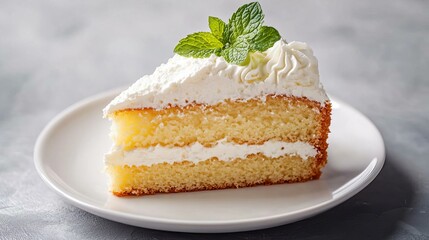 Delicious Layered Vanilla Cake with Whipped Cream and Fresh Mint Garnish