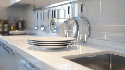Stacked White Plates on a Modern Kitchen Counter