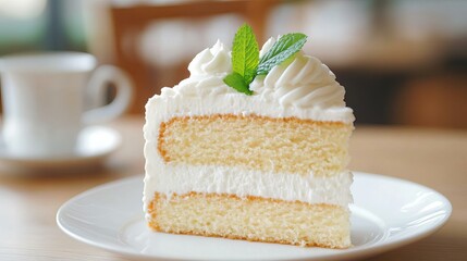Indulge in a Heavenly Vanilla Cake Slice with Whipped Cream and Mint Garnish