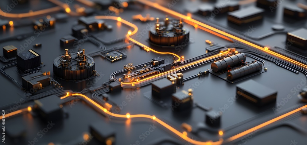 Poster close-up view of a circuit board with glowing pathways and intricate electronic components, represen