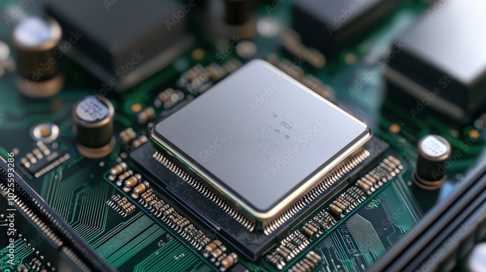 Poster close up of cpu processor on motherboard with circuitry