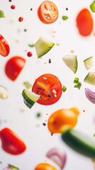 Naklejka premium Assorted Fresh Vegetables Flying in the Air Against a White Background, Perfect for Healthy Living Concepts