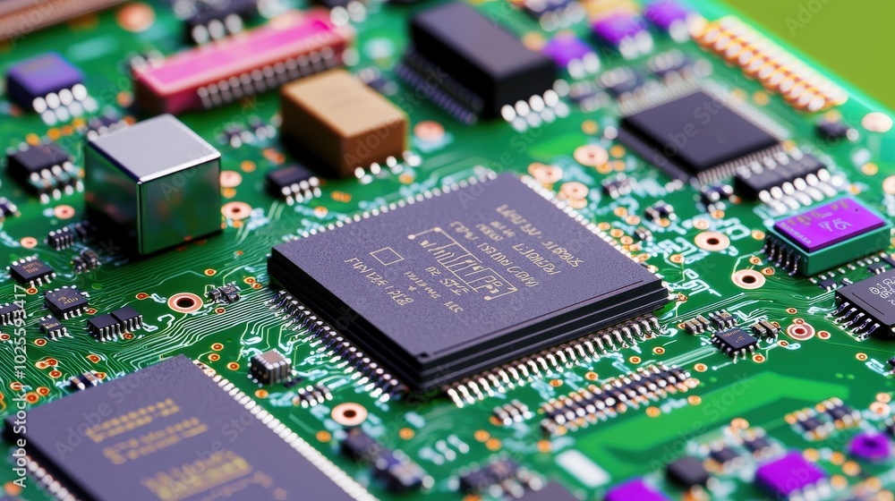 Aufkleber close up of green circuit board with microchip and components