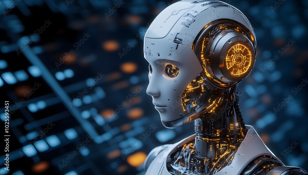 Poster futuristic robot with intricate design and glowing features, showcasing technology and innovation in