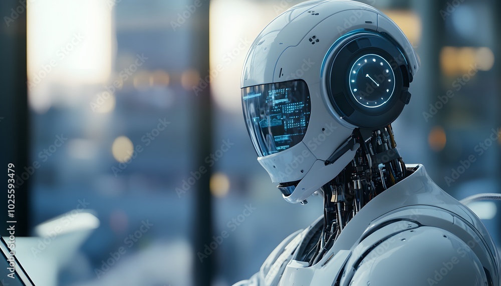 Poster futuristic robot working on a computer, showcasing advanced technology and artificial intelligence i
