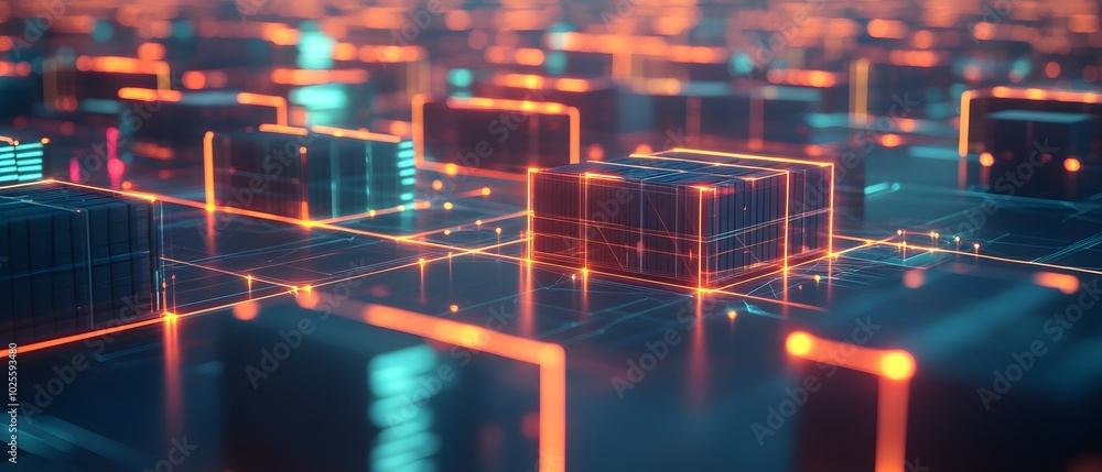 Aufkleber vivid digital landscape showcasing interconnected circuits with glowing lines and abstract blocks, r