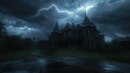 A dark, stormy scene featuring an eerie, abandoned mansion illuminated by lightning.