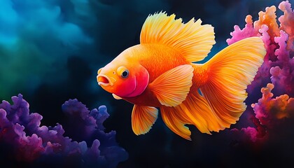 Fototapeta premium A vibrant goldfish swimming through colorful underwater coral, showcasing its beautiful fins and scales.