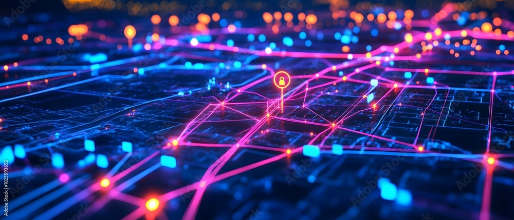 Poster illuminated network map showcasing vibrant connections and points, representing technology and digit