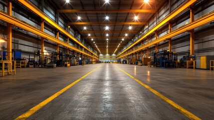 Spacious Industrial Warehouse Interior with Yellow Beams and Concrete Floor