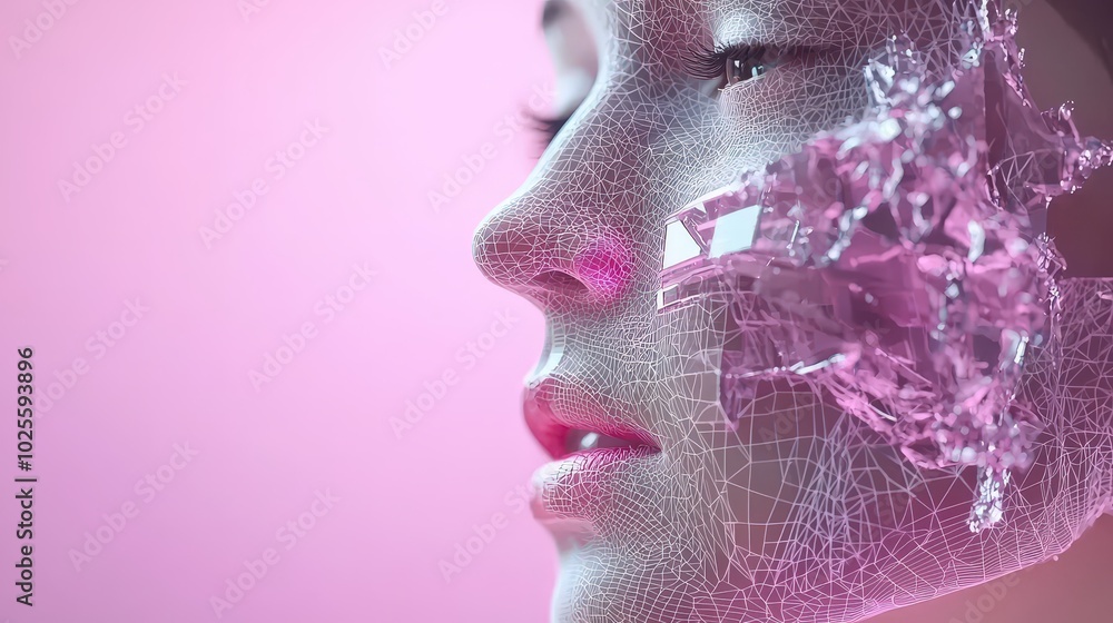 Poster abstract pink digital face with geometric mesh and depth of field