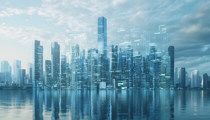 Obraz premium Futuristic city skyline reflected on water, showcasing advanced architecture and a high-tech atmosphere under a cloudy sky.