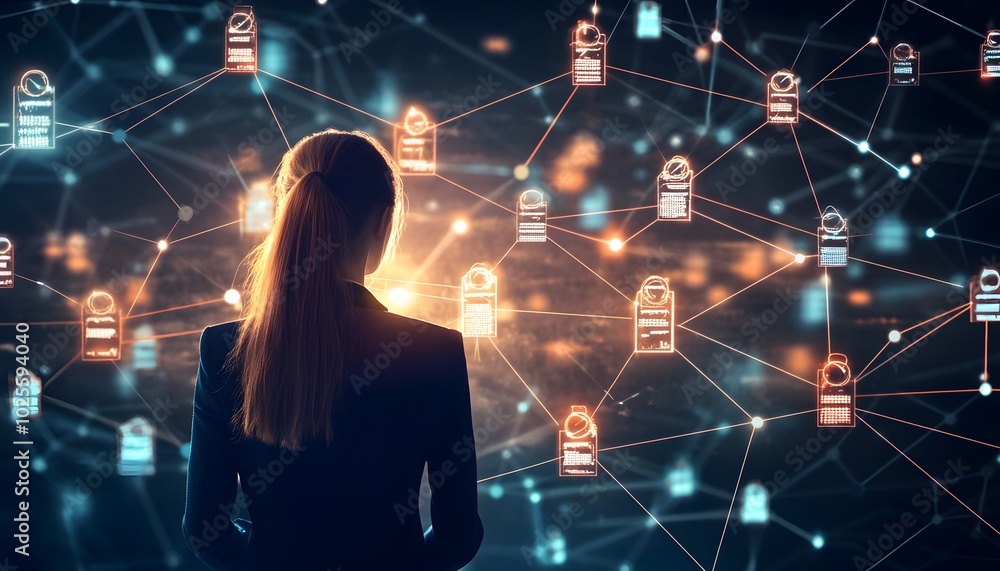 Poster a woman gazes at a network of interconnected data points, symbolizing technology and digital communi