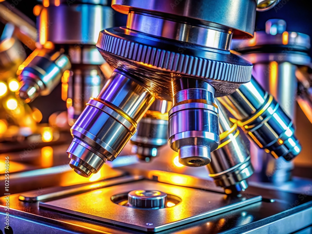 Poster high dynamic range close-up of a medical microscope detailing precision and technology
