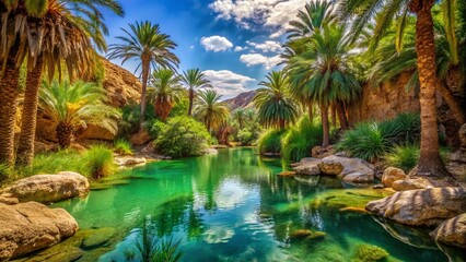 Obraz premium Hidden Oasis in the Desert with Emerald Green Waters and Palm Trees - AI Generated Scenic Landscape for