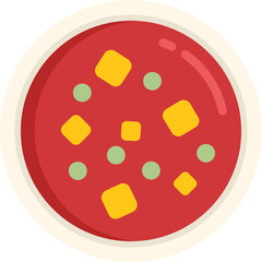 Simple flat vector illustration of tomato soup with cheese and peas floating in it, served in a white bowl