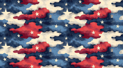 Red, White and Blue Camo with Stars in a Vibrant Color Palette, Seamless Repeatable Pattern.
