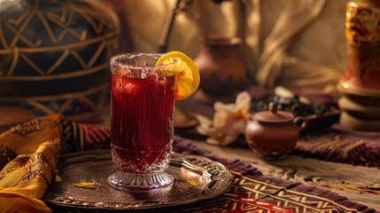 A Glass of Iced Red Drink with Lemon Garnish on a Metal Tray