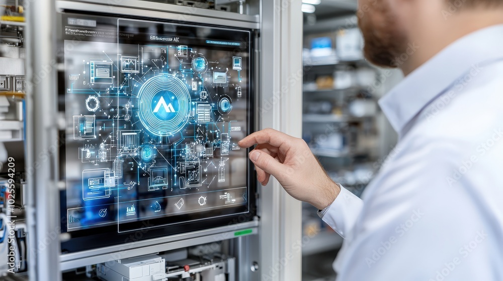 Poster man interacting with smart home system interface on touchscreen