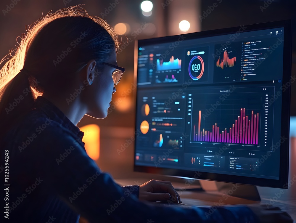 Poster focused woman analyzing data on computer screen with vibrant graphs and charts in a modern workspace