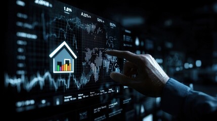 Hand Interacting with Digital World Map  Real Estate Icon  Charts and Graphs  Technology