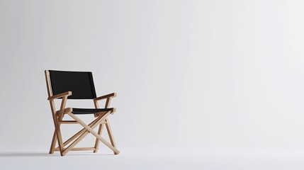 A sleek director's chair stands alone in a minimalist studio against a pristine white backdrop, perfect for highlighting film or theater concepts with generous space for text.