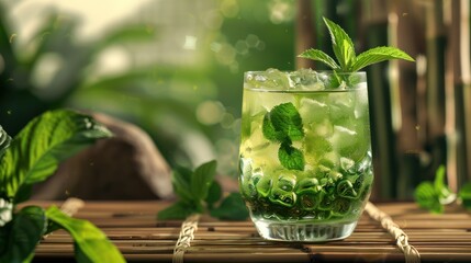 Refreshing Green Drink with Mint Garnish on Bamboo Mat