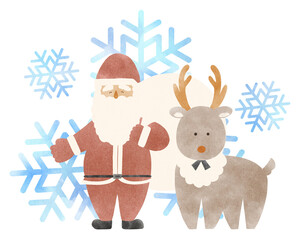 サンタクロースとトナカイの冬イメージイラスト　水彩タッチ