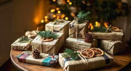 Rustic christmas gift wrapping with newspaper and natural decor for holiday season