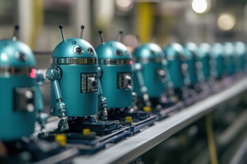 Fototapeta premium Androids on assembly line, with copy space