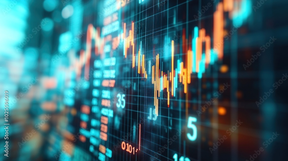 Poster a digital stock market chart displaying fluctuating financial data and trends.
