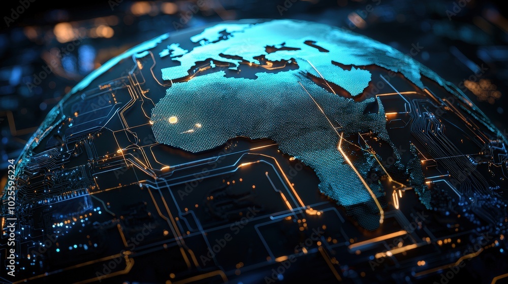 Aufkleber futuristic digital globe with circuit board and glowing lines global connectivity concep