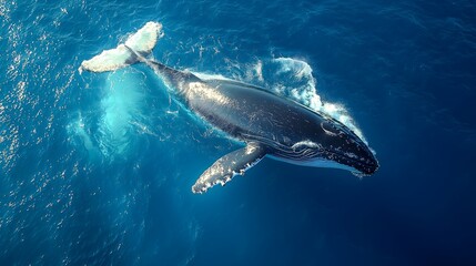 Fototapeta premium massive whale breaches the surface of the ocean. The whale is captured mid-air, its body arched gracefully as water splashes around it