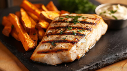 Grilled fish fillet served on a slate board with a side of sweet potato fries and garlic aioli