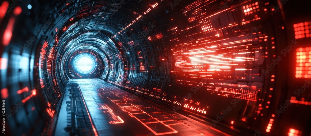 Canvas Prints futuristic tunnel with glowing red and blue lights and data displays.