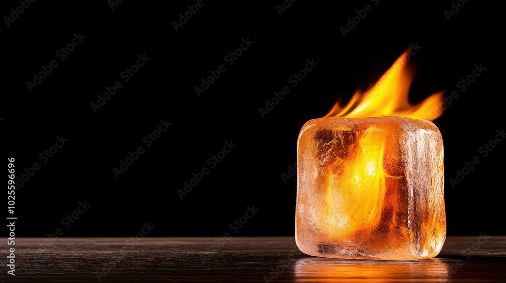 Poster discover the striking contrast in heat and cold with a fiery ice cube, exploring energy transformati
