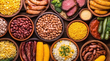Savor a vibrant th of July feast featuring BBQ meats, hearty beans, sweet corn, and delightful sides in rustic wooden bowls.