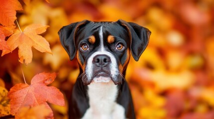 Captivating closeup of a boxer dogs intense eyes set against a backdrop of vibrant autumn leaves. Pure pet art