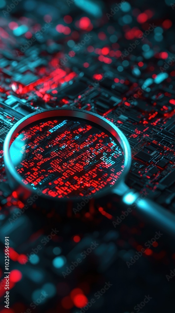 Poster a magnifying glass above a shattered computer screen, displaying encrypted code and remnants of cybe