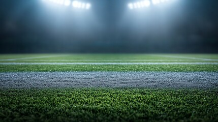 A vivid image of a well-maintained football field illuminated by stadium lights, perfect for sports-related themes.