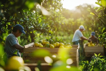 Workers carefully place the harvested bergamot fruits into boxes for transportation. Open plantation, trees around, sunny weather. Concept: Eco-friendly, Seasonality and naturalness, harvesting