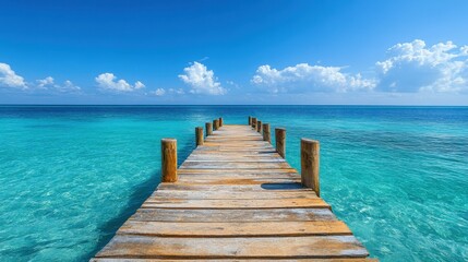 Fototapeta premium Experience tranquility at a serene jetty, offering stunning views of crystalclear turquoise waters and bright skies.
