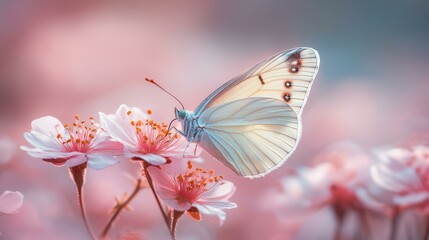 Obraz premium A peach butterfly gracefully rests on pink blooms, blending harmoniously with a soft, minimal backdrop. Natures charm shines here.